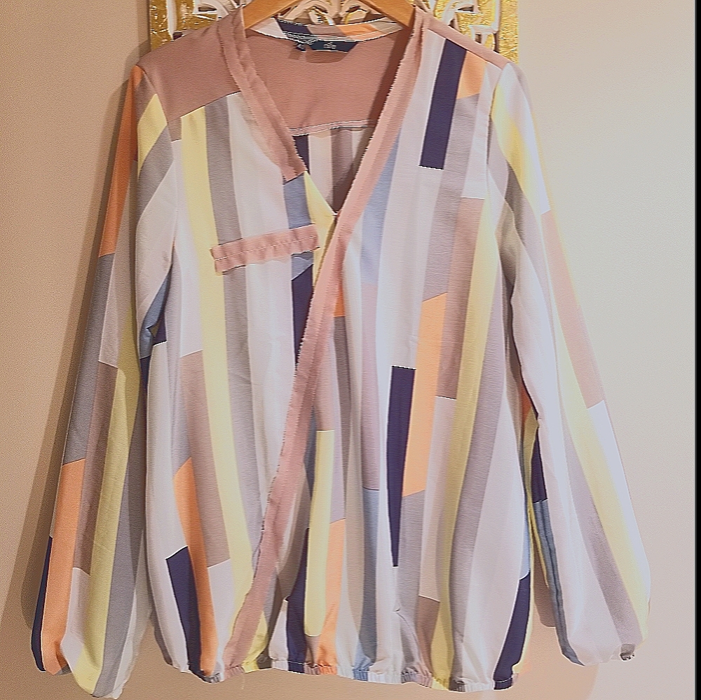 NIFE Stripe Colorblock Surplice Faux Wrap Blouse Top - Picture 6 of 9